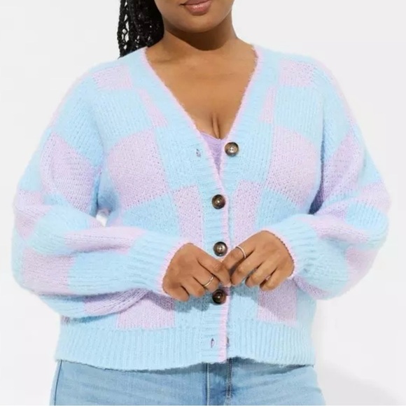 Torrid Womens Cardigan Button Front Sweater Sz 4X Camille Check Summer Song - Picture 2 of 12
